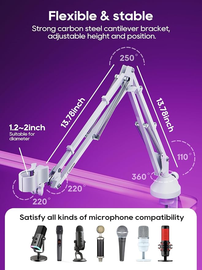 CACENCAN Boom Arm Micophone, Mic Arm Desk Mount Foldable with 3/8'' to 5/8'' Screw Adapter Adjustable Mic Stand for Podcasting Gaming Recording - White, M06W-US