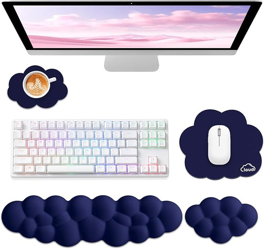 Cloud Wrist Rest for Computer Keyboard, 4-in-1 Memory Foam Leather Cloud Keyboard Wrist Rest and Mouse Pad Set with Ergonomic Support for Arm and Palm Cushion, Gaming/Work Setup, Dark Blue