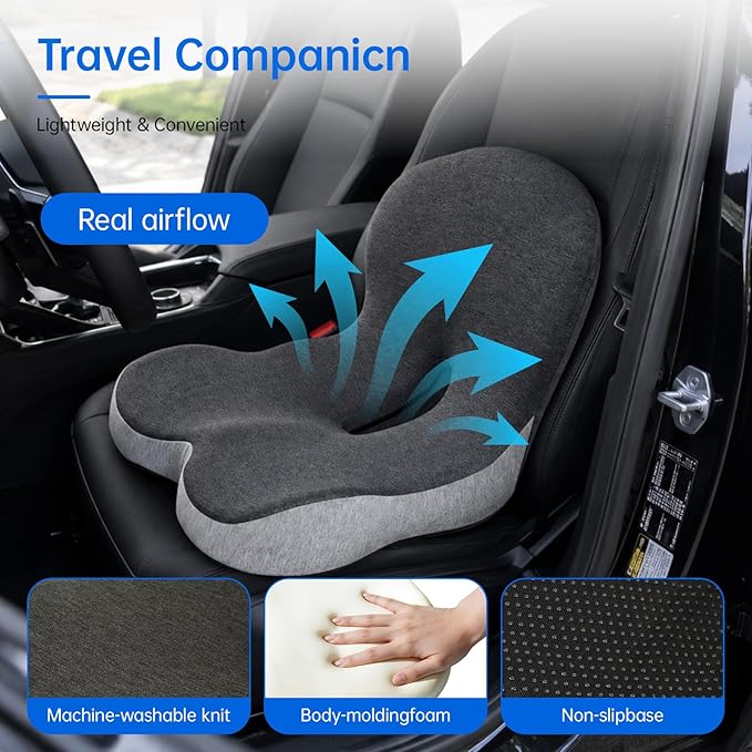 Memory Foam Seat Cushion with Lumbar Back Support, L-Shaped Ergonomic Chair Cushion for Office Chair, Car, Wheelchair, Gaming Seat, Non-Slip Washable Cover, Coccyx Support Pillow