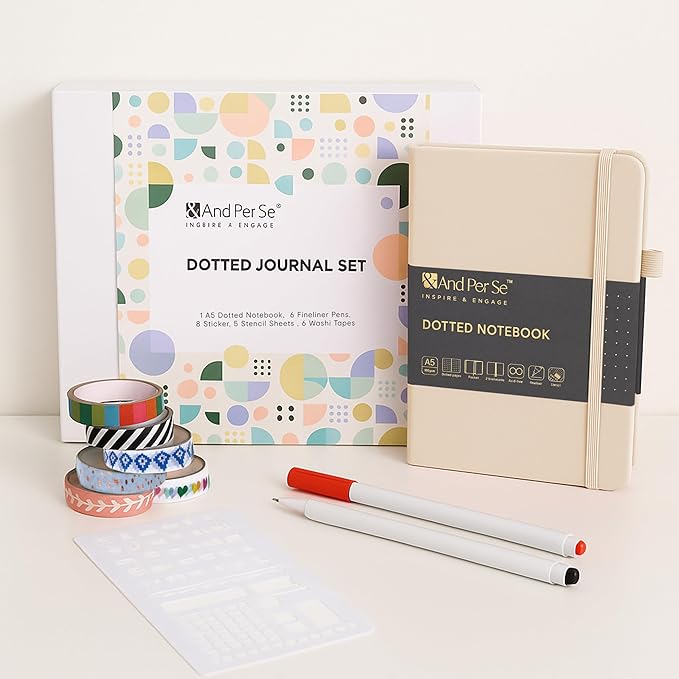 &And Per Se A5 Hardcover Dotted Notebook with 25+ Accessories - 6 Pens, Stickers, Stencils, Washi Tapes & Gift Box Included | Dotted Journal Kit for Beginners, Adults (Light Apricot)