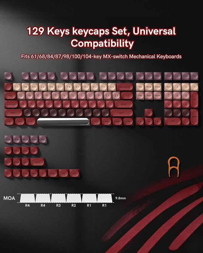 PBT Keycaps, Matte Red Lipstick Jelly Keycaps MOA Profile, 129 Keys Elegant Cute Custom Key caps for 61/68/84/87/98/100 Cherry Gateron MX Mechanical Keyboards, No Tear & Never Fades