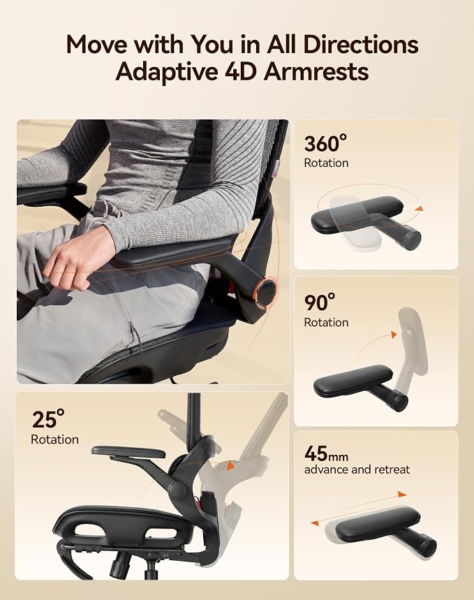 SIHOO B100 PRO Ergonomic Office Chair with Footrest, Mesh Office Chair with Adaptive Lumbar Support, Computer Chair with Wide Headrest, Desk Chair with 360° Rotatable Flip-Up Armrests, Jet Black