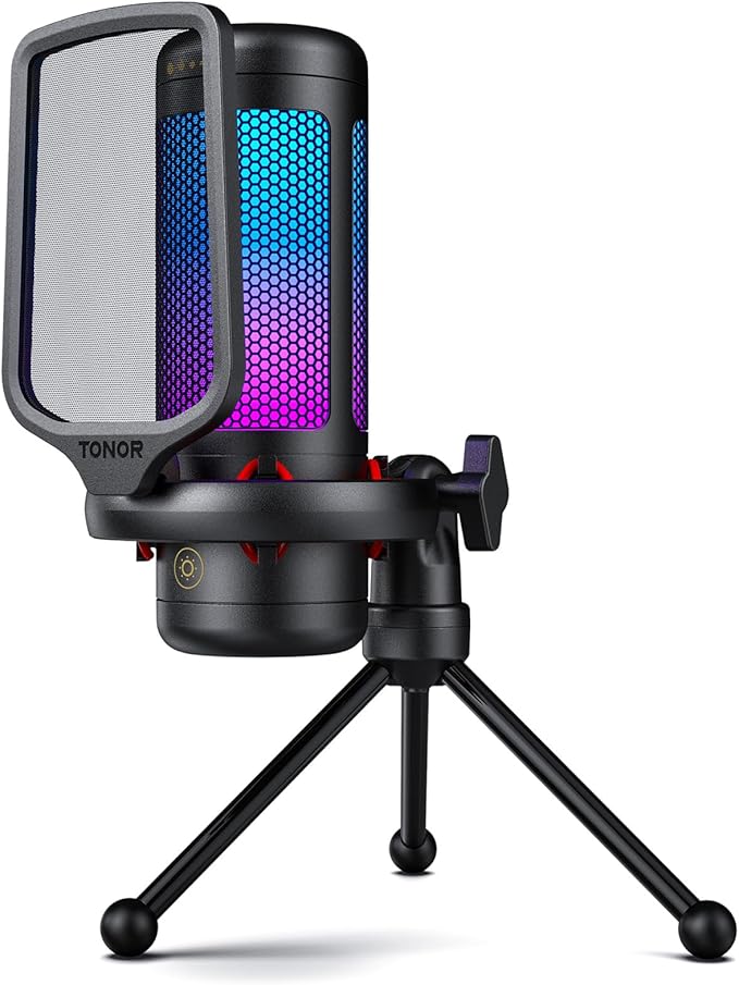 TONOR Gaming Microphone Set, USB Condenser Mic for PC with Stand, Controllable RGB, Quick Mute, Volume Control, for Twitch Streaming, Discord Chatting, 200 cm/78inch Cable, Desktop Stand TC310
