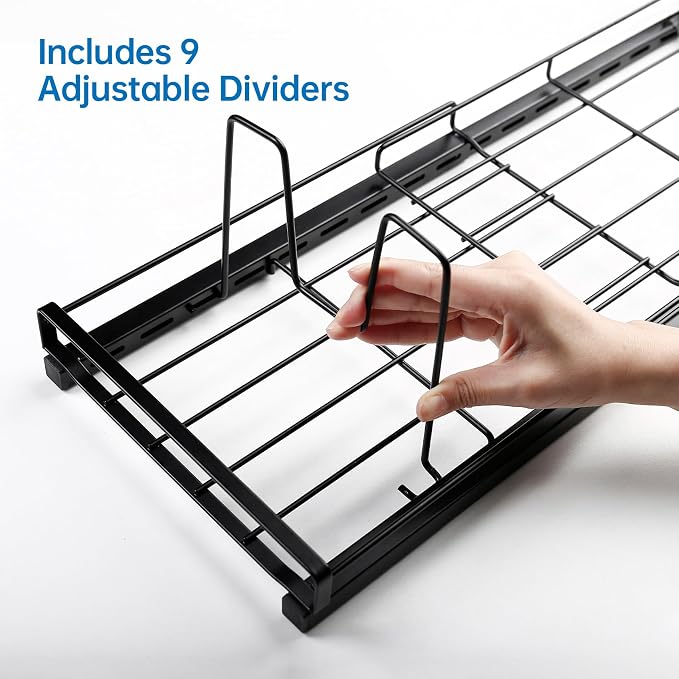 Expandable Food Container Lid Organizer with 9 Adjustable Dividers | Sturdy Metal Pots and Pans Organizer Rack for Home Kitchen Cabinets, Drawers, Pantry Shelves, Countertops, 8.15" Wide, Black
