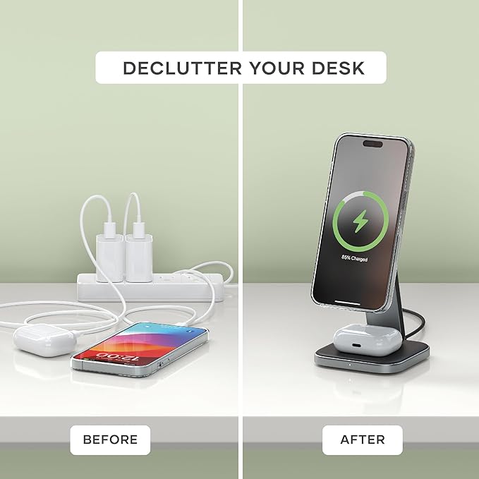 Satechi 2 in 1 Wireless Charger, Qi2 15W Dual Wireless Charger Stand, Magnetic, Foldable Travel Charger Station for iPhone 17 to 12 Series, and AirPods Pro 4/3/2