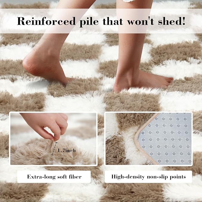 Checkered Rug for Bedroom, 5x8 Beige and White Area Rugs, Classic Checkered Carpets Shag Area Rug, Bedside Rugs for Living Room Bedroom Room Home Decor