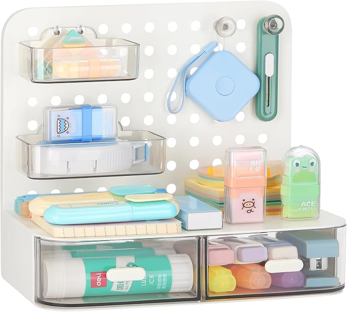 LETURE Desktop Stationery Organizer Storage with 3 Drawers, Plastic Desk Organization Holder with Pegboard Shelf & Adjustable Compartments for Stationery Office Supplies Makeup Accessories (White)