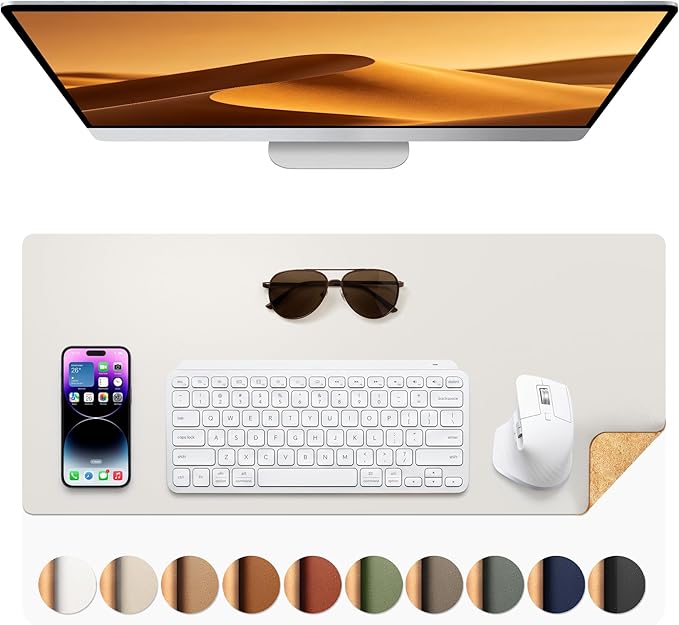 Aothia Dual-Sided Desk Pad - Leather Desk Mat, Natural Cork Desk Pad Protector, Large Mouse Pad for Desk, Waterproof Desk Blotter Pad, Desk Writing Pad for Office Work/Home, Off-White (25.6"x13.7")