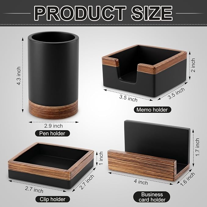 Set of 4 Modern Aesthetic Desk Accessories Organizer Set Minimalist Neutral Home Office Decor Desk Supplies for Men-Pen, Business Card Holder, Sticky Note, Paper Clip Holder (Black)