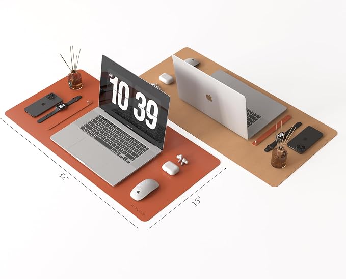 RENMTURE Dual-Sided Large Desk Pad, Faux Leather Natural Cork Mouse pad, Desk Accessories Protector, for Office and Home Work (Orange, 32"x16")