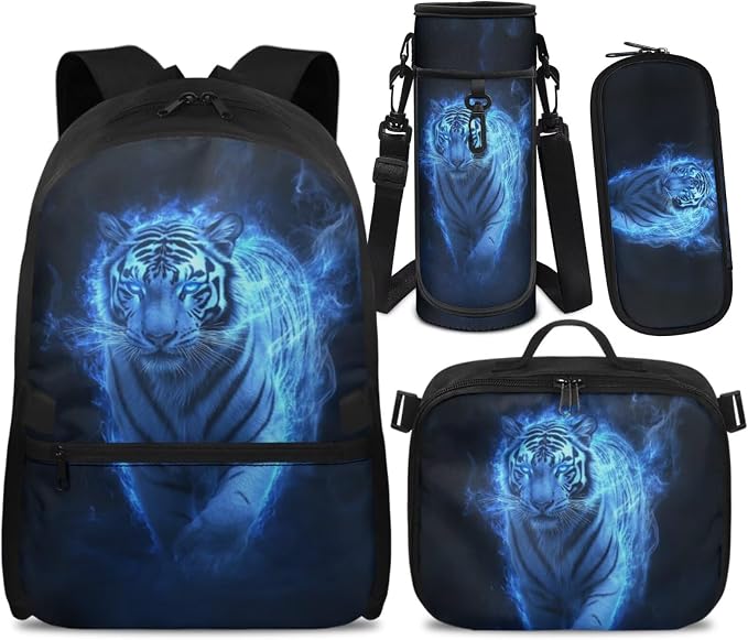 Doojoayie Tiger Backpack with Matching Lunch Box for Boys Fashion Lightweight Bookbag Boy Backpacks Ages 8-10 with Top Handles for Back to School