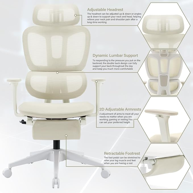 Ergonomic Office Chair with Retractable Footrest, Cream | High Back Design, Dynamic Lumbar Support, 2D Headrest & 2D Armrests, Breathable Mesh Back for Home Office