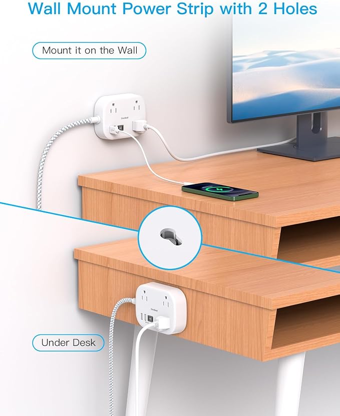 Cruise Essentials 2026,Travel Power Strip with USB C,Flat Plug Extension Cord 10 ft with 3 Outlets 4 USB Ports(2 USB C), Desk Wall Outlet Extender,Non Surge Protector for Cruise,Dorm Room,ETL-White