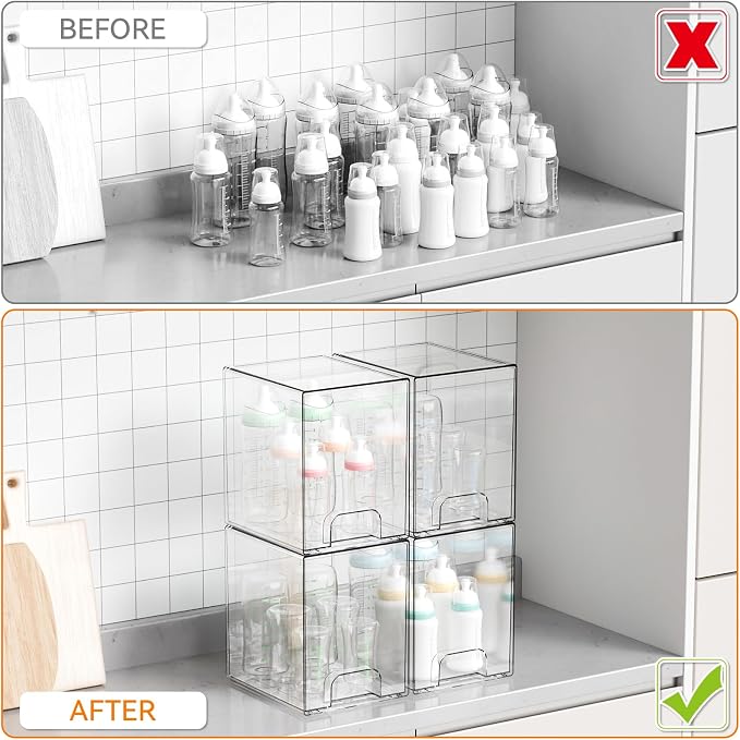 7.6" H Baby Bottle Organizer for Cabinet,4 Pack BPA FREE Bottle Storage Organizer Baby,Clear Stackable Storage Drawers for Makeup,Skincare,Beauty Products Bathroom Closet Organizers and Storage