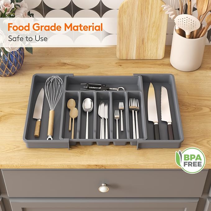 Lifewit Silverware Drawer Organizer, Expandable Utensil Tray for Kitchen, BPA Free Flatware and Cutlery Holder, Adjustable Plastic Storage for Spoons Forks Knives, 13-22 x 15", Dark Gray