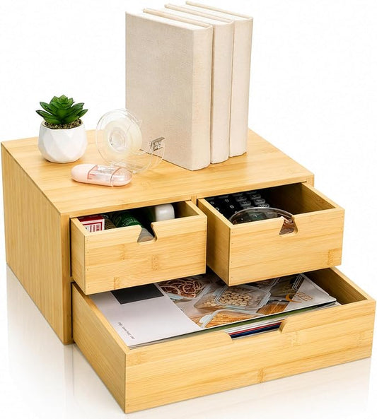 Bamboo Desk Organizer, 100% Natural Bamboo Desktop Drawer Organizer, Tabletop Storage Cabinet Organization Box with 3 Drawers for Home Office Supplies, Makeup, Letter, 2-Layer, Fully Assembled