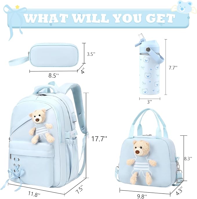 ACESAK Backpack for Girls with Insulated Water Bottle - 4 PCS Cute Girls Backpack with Lunch Box, Pencil Case & Kids Cup Set - 14oz Kids Water Bottle with Straw Set Back to School Supplies (Blue)
