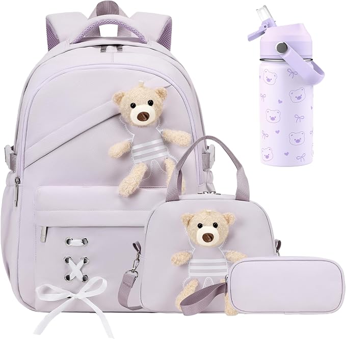 ACESAK Backpack for Girls with Insulated Water Bottle - 4 PCS Cute Girls Backpack with Lunch Box, Pencil Case & Kids Cup Set - 14oz Kids Water Bottle with Straw Set Back to School Supplies (Purple)