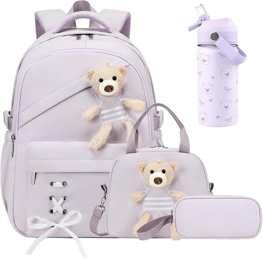 ACESAK Backpack for Girls with Insulated Water Bottle - 4 PCS Cute Girls Backpack with Lunch Box, Pencil Case & Kids Cup Set - 14oz Kids Water Bottle with Straw Set Back to School Supplies (Purple)
