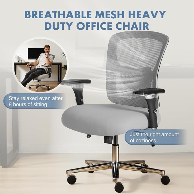 DUMOS Big and Tall Office Desk Chair with Lumbar Support, 500lbs Heavy Duty Mesh Ergonomic Computer Chair with 4D Armrest and Wide Comfy Seat, Swivel Wheels for Adult, Grey