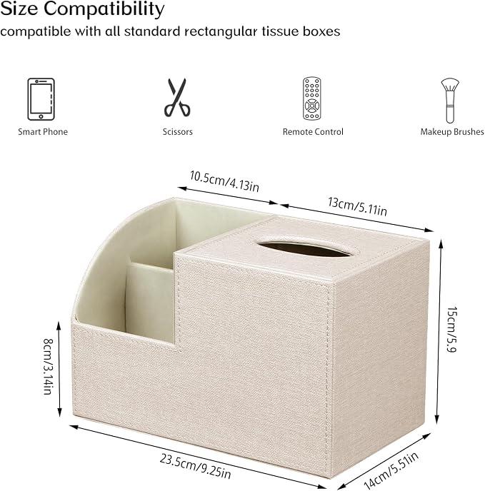 Square Tissue Box Cover with Storage, PU Leather Facial Cube Tissue Holder | TV Remote Control Holder, Desk Accessories Nightstand Organizer, Modern Table Caddy for Bathroom, Bedroom, Home, Office Decor