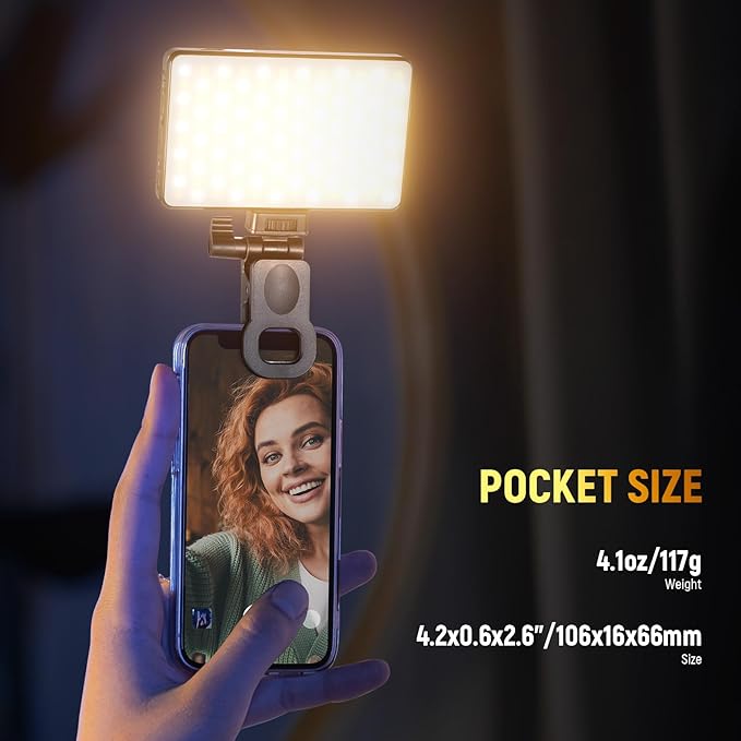 NEEWER Basics LED Selfie Phone Light, Rechargeable 2500-9000K Clip On Fill Light, Color Films/Diffuser/3000mAh, CRI95+ Dimmable Video Conference Lighting for iPhone Camera Laptop Zoom Call, BL120B