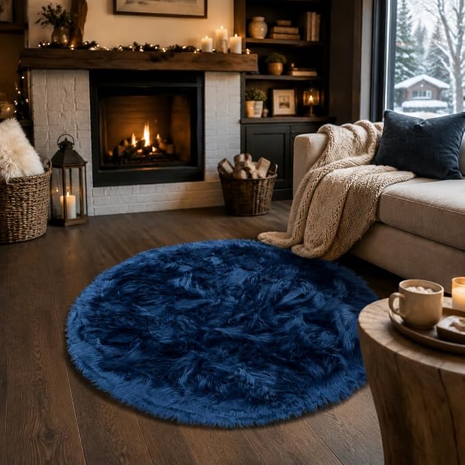 EasyJoy Faux Sheepskin Rug, Fluffy Faux Fur Rug, Ultra Soft Shag Area Rug with Non-Slip Backing for Bedroom, Living Room, Nursery, Kids Room(4 x 4 ft Round, Dark Blue)