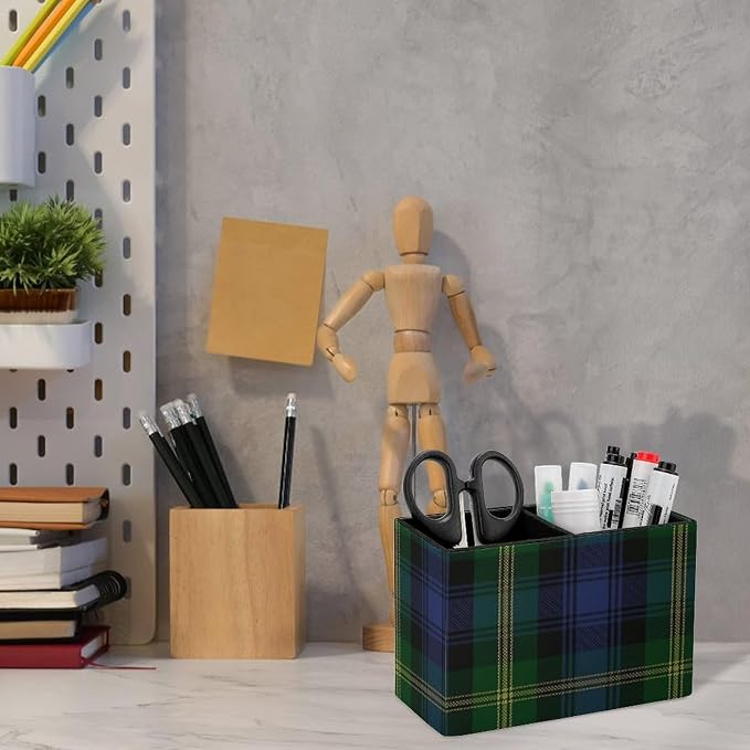 Tartan PU Leather Pen Holder Desk Organizer, 2-Compartment Pencil Container for Office, Home, Vanity Use