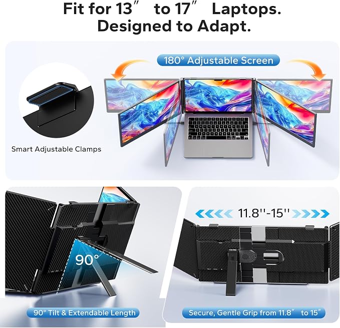Laptop Screen Extender, Triple Screen Laptop Monitor Extender for 13”-17.3” Laptop, 14” 1080P FHD IPS Portable Monitor with 100% sRGB, Plug & Play Monitor Extension for Business Travel,Coding & Gaming