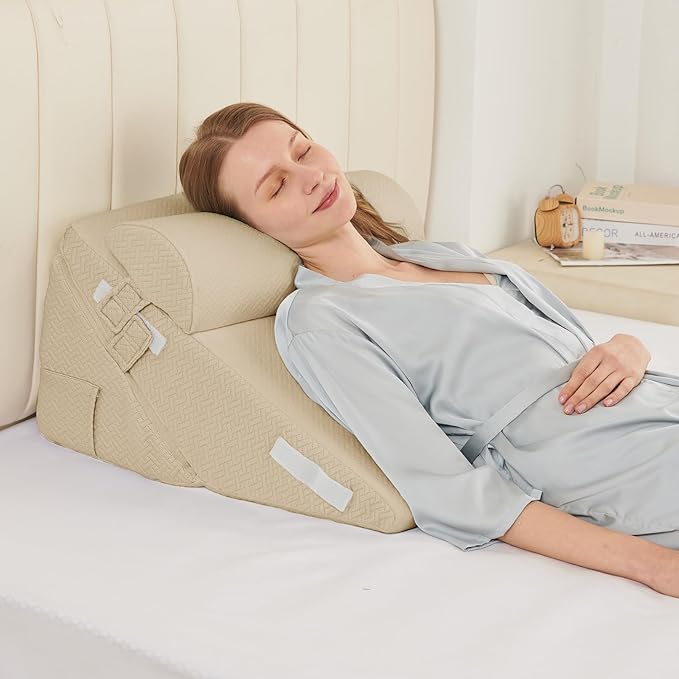 Sasttie Adjustable Wedge Pillow Set for After Surgery, Beige | Bed Wedge Pillow Headboard with Memory Foam Neck Cushion, for Acid Reflux, Sleeping, Neck & Back Support