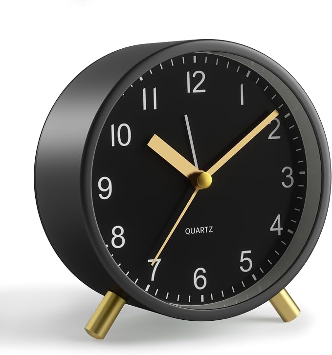 JALL Analog Alarm Clock, 4 inch Super Silent Non Ticking Small Clock with Night Light, Battery Operated, Simple Design, Easy Setting for Office, Bedroom, Bedside, Desk, Teens, Elders, Adult, Black