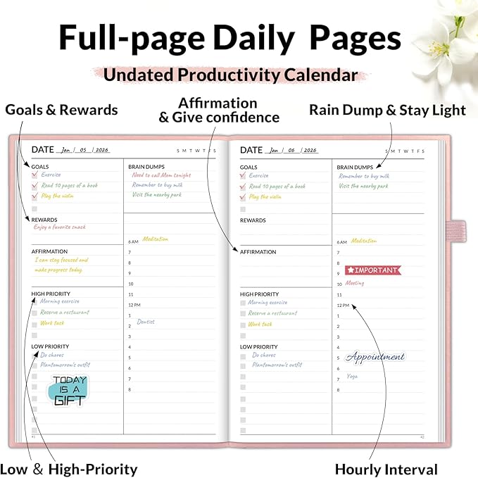 SUNEE Adhd Daily Planner for Adults,3-Month Undated Daily Weekly Monthly Planner for Productivity, Goal Setting, Time Management, Work & Life - for Men & Women,Vision Board + Stickers,Rose Gold