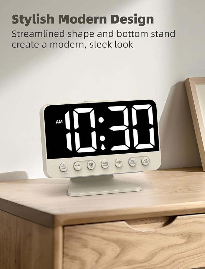 Odokee Digital Alarm Clocks for Bedrooms with Large Bold Number | Electric Desk Clock with Night Light & Brightness Dimmer - Loud Alarm for Heavy Sleepers with Adjustable Volume - Putty