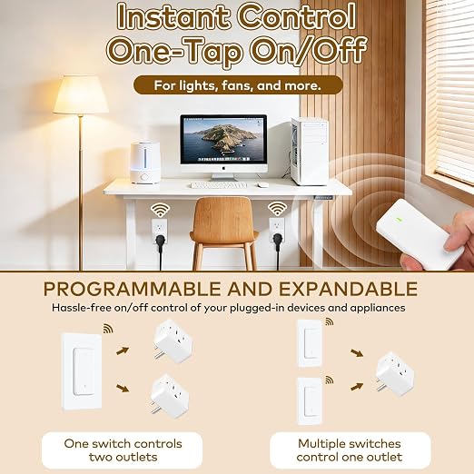 NineLeaf Remote Plug in On Off Switch, Square Outlet Plug with Remote, Wireless On/Off Light Switch Wall Mounted, 15A/1500W, TUV Listed, No Wiring Needed, 500ft RF, for Lamps, Fans,1 Switch 6 Outlets