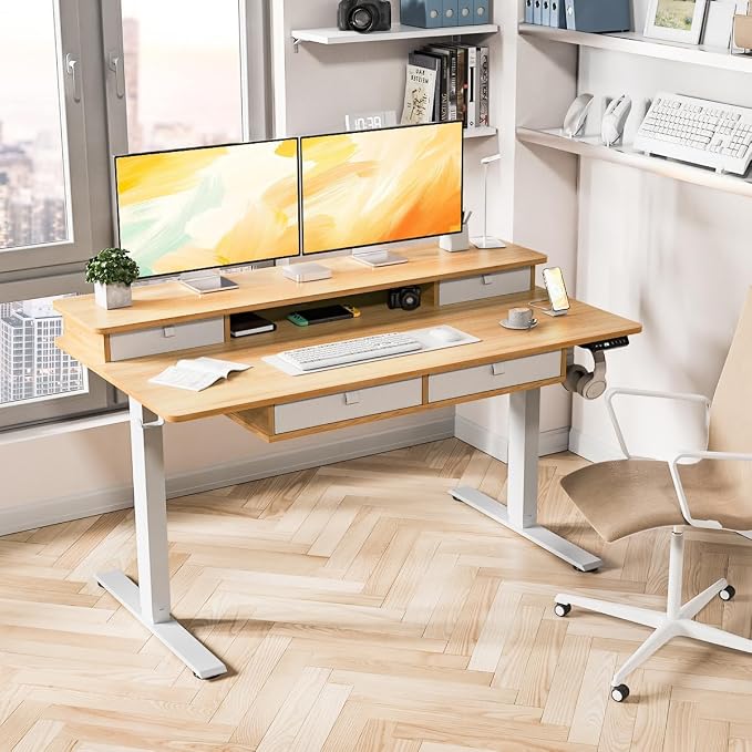 Kingant Electric Standing Desk with 4 Drawers,USB Charging Ports 55"x 30" | Ergonomic Height Adjustable Large Workstation, Heavy-Duty Sit Stand Up Desk For Home Office Daily Work,Nature