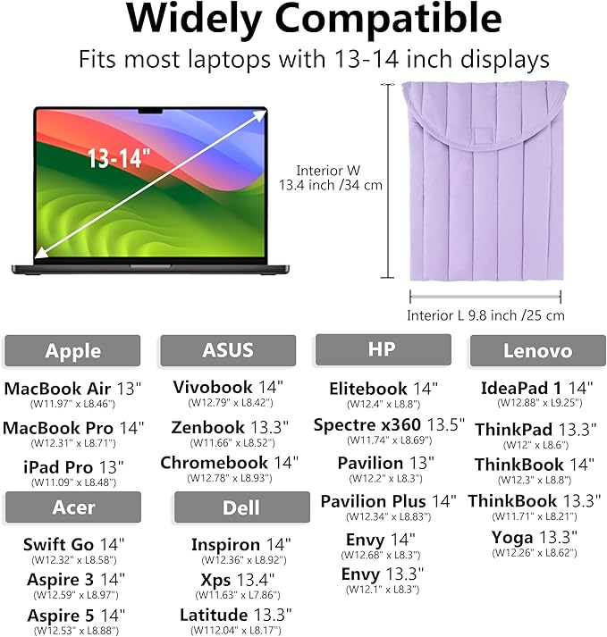 Puffy Laptop Sleeve 13-14 Inch Purple, Protective Carrying Case for Men and Women, Cute Case Bag Compatible with 13 Inch and 14 Inch Laptops, for MacBook Air M2 M1, Asus/Dell Xps/Lenovo in Cover