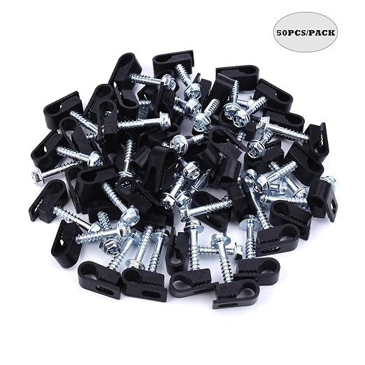 Cable Clips with Screws Fastener 1/4 Inch (6 mm) - All Weather Wire Clips for Coaxial, Ethernet,Electrical Cables,Brick/Stucco Siding Clips, UV-Resistant for Outdoor Wall Mount,50 Pack,Black