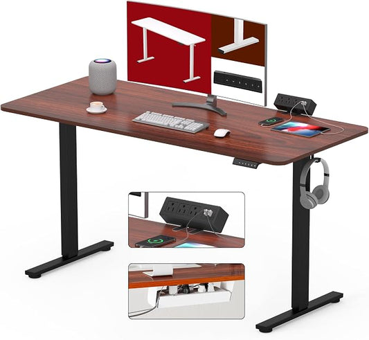 SANODESK Electric Standing Desk with Desk Clamp Power Strip 48"x 30" Whole-Piece Desktop Height Adjustable Stand Up Desk with Cable Management Sit Stand Home Office Desk Black Frame/Mahogany Top