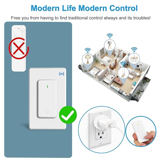 GreenCyle 4 Plug-in Light Switches with 1 Remote, Wireless Remote Control Light Bulb with Wall Switch, 15A/1500W, TUV List, No Wiring, 500ft RF Range, for Lamps, Household