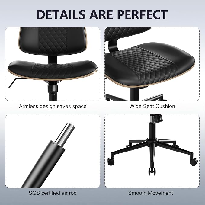 Modern Armless Office Chair with Wheels, Adjustable Swivel Desk Chair with Wide Seat and Tilt Function, Faux Leather Mid Century Task Chair for Home Office, Bedroom, Vanity, Black