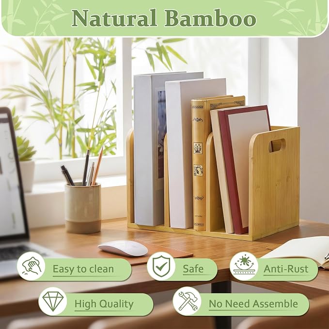 Novabright Bamboo File Magazine with Handle Holder Desk Organizer, 3 Vertical Compartments Workspace Sorters for Magazines, Binders, Notebooks, Envelopes