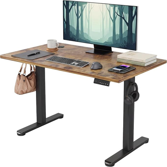 Claiks Electric Standing Desk 48x24 Inch Adjustable Desk, Rustic Brown | 156lbs weight capacity, 3 memory presets, industrial steel frame, cable management hub, adjustable height , easy assembly
