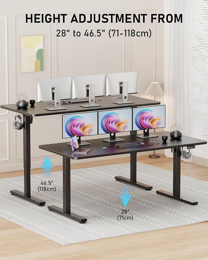 63" Electric Standing Desk Adjustable Height, Sit Stand up Desk for Home Office & Computer Workstation, 2 Memory Height Settings, Splice Board, 2 Hooks, Black Frame/Black Top