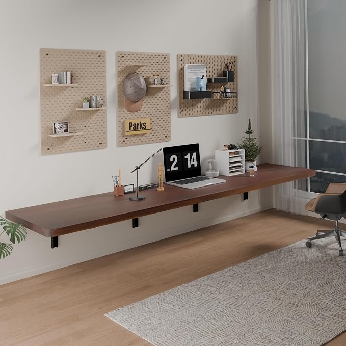 IAE Wall Mounted Folding Table with Pine Wood,72" x 16" Floating Wall Desk,Laundry Folding Table with Shelf Brackets,Fold Down Desk Shelf,Folding Workbench for Home,Dining,Laundry Room,Kitchen,Brown