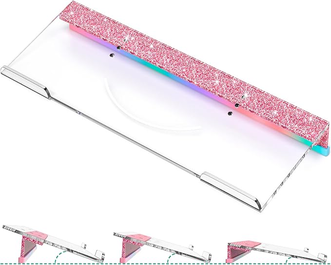 Ergonomic Computer Keyboard Stand - Adjustable Keyboard Riser Tilt Clear and Glitter Pink Acrylic Keyboard Tray Non-Slip Elevated Typing Key Board Holder Lift for Home Office Desk Accessories