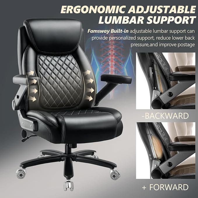 650LBS Big and Tall Office Chair with 5D Flip Arms and Thick Pocket Spring Cushion, Extra Wide Heavy Duty Office Chair & Adjustable Lumbar Support, Large High Back Computer Chair Dual Rubber Wheel