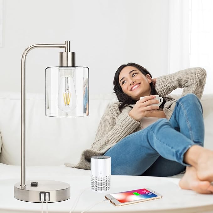 Industrial Touch Control Table Lamps Set of 2 - Brushed Nickel Nightstand Bedside Lamps with 2 USB Ports & AC Outlet, 3-Way Dimmable Desk Lamp for Bedroom Living Room, Glass Shade & LED Bulbs Included