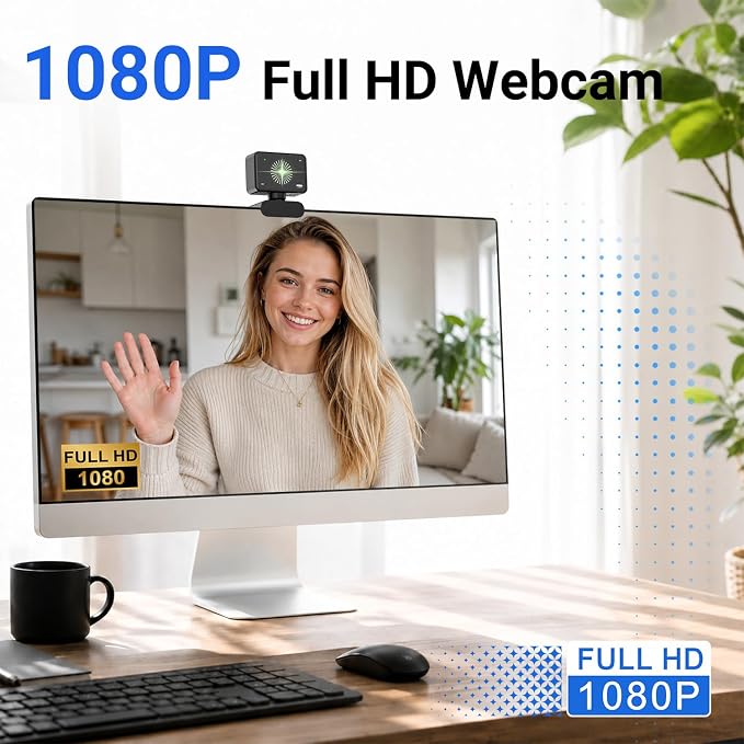 Webcam for PC, 1080P Full HD USB Webcam with Privacy Cover & Built-in Microphone, Plug and Play Computer Web Camera for Video Conference Online Class Live Streaming Video Calling