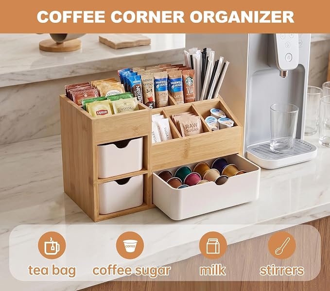 Bamboo Desktop Organizer with 3 Drawers, Drawer Tabletop Storage Organization Box for Home/Office, 3-Tier Makeup Vanity Organizer for Dresser Countertop, Detachable Divider