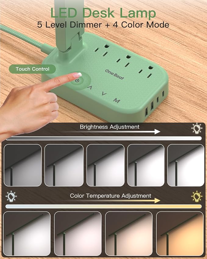 One Beat Small LED Desk Lamp Power Strip, Extension Cord with 3 Outlets 4 USB Ports(2 USB C), 4 Modes, 5 Level Touch Lamp Study Reading Light, Home Office Bedroom College Dorm Room Essentials, Green